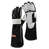 YESWELDER 16 Inches,932℉,Leather Forge MIG Welding Gloves, with Kevlar Stitching Heat/Fire Resistant, Palm Reinforcements, Black-Gray