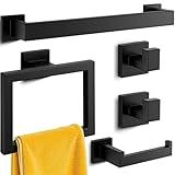 Kitsure 5-Pieces Bathroom Hardware Set & Accessories, Rustproof Towel Racks for Bathroom Wall Mounted, 16" Towel Bar, Toilet Paper Holder, Ring & 2 Hooks, Matte Black