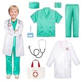 Meland Doctor Costume for Kids - Kids Scrubs with Lab Coat & Carry Bag, Doctor Dress Up for Halloween, Career Day Role Play(Green,5-6 Years)
