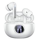 Fhumsh Wireless Earbuds, Bluetooth 5.3 Headphones HiFi Stereo 50H Playback LED Digital Display Ear Buds with ENC Noise Canceling Headset, IPX7 Waterproof Earphones for Gym/Running/Work（White）
