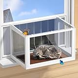 Cat Window Box Catio, Outdoor Indoor Cat Enclosure with Clear Panels, Mesh Sides & PVC Curtain, Universal Window Perch for Windows 25"–43", Window Catio for Sunbathing, Napping & Overlooking,Walnut