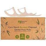 Natural Dental Floss Picks 75 Pack – Organic Biodegradable Floss Sticks with Strong Bamboo Charcoal Thread & Vegan Cornstarch Handle – No Plastics, No Artificial Flavours - Kraft Paper Box