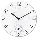 Crosstime 8 Inch Waterproof Bathroom Clock with Thermometer – Marble White Glass Wall Clock, Silent Modern Farmhouse Decor for Shower, Kitchen, Powder Room