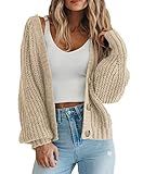 PRETTYGARDEN Women's Chunky Knit Open Front Sweater Long Sleeve Button Loose Short Cardigan Outerwear Coats (Apricot,Large)