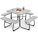 Tangkula 8 Person Picnic Table, Outdoor Square Picnic Table with 4 Built-in Benches, Umbrella Hole, Metal Frame & HDPE Tabletop, Outside Table and Bench Set for Backyard, 2300lbs Weight Capacity