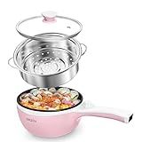 Dezin Hot Pot Electric with Steamer Upgraded, Non-Stick Sauté Pan, Rapid Noodles Electric Pot, 1.5L Mini Pot for Steak, Egg, Fried Rice, Ramen, Oatmeal, Soup with Power Adjustment
