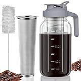 JunVpic Cold Brew Coffee Maker Jar - 64oz Wide Mouth,LeakProof,Heavy Duty Glass Mason Pitcher with Spout Lid,Handle & Stainless Steel Filter for Iced Coffee,Lemonade,Ice Tea & Fruit Drinks