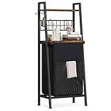 Furnulem Laundry Hamper, Vertical Laundry Basket with 2 Tiers Wooden Shelf and Hooks, Clothes Hamper with Pull-Out and Removable Bag for Bathroom, Bedroom, Dorm, 13.21 Gallons (50L)
