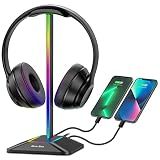 New Bee Headphone Stand with RGB Lighting, Sturdy Aluminum Gaming Headset Holder with USB-C & USB Charging Ports, Stable Desktop Earphone Stand for All Headphones Size, Black
