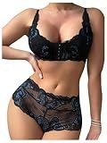 BEAUDRM Women's 2 Piece Lace Lingerie Sets Front Closure Push Up Wireless Bra Sheer Panty Sexy Matching Bra and Panty Set Black Large