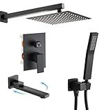 AVSIILE Shower Faucet Set with Tub Spout, Matte Black Rain Shower Mixer Valve and Trim Kit System with Base Complete, Rainfall Modern Shower Head and Handheld Handle Set Combo for Bathroom, 10 Inch