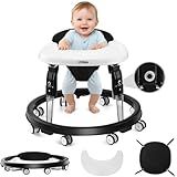 Wnttmt Baby Walker with Wheels, One-Touch Folding Baby Walkers with Height Adjustment, Large Dinner Plate and Brake, Walker for Baby Boy Girls 6-18 Months, Black