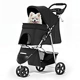 MoNiBloom Foldable Pet Stroller with Weather Cover, 3 Wheels Pet Strolling Cart for Small/Medium Dogs and Cats with Storage Basket and Cup Holder, Breathable and Visible Mesh for All-Season, Black