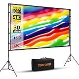 Projector Screen and Stand, Towond 120 inch Portable Projector Screen Indoor Outdoor Movie Screen 16:9 4K HD Wrinkle-Free Lightweight Projection Screen with Carry Bag for Backyard Movie Night