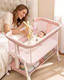 3 in 1 Baby Bassinet with Wheels, Bedside Bassinet Sleeper for Newborn, Portable Baby Crib with 7 Adjustable Height & Large Storage Basket & Full-Mesh, Easy Folding Baby Bed for Infant (Pink)