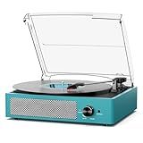 Record Player for Vinyl with 2 Build-in Speakers LP Vinyl Players Belt-Driven Vintage Turntables 3 Speed 3 Size, Wireless Bluetooth Playback, AUX-in, RCA Out, Headphone, Auto Stop Sea Blue