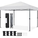 Yaheetech 10x10 1-Person Setup Pop Up Canopy Tent, Instant Portable Commercial Canopy Tent, Outdoor Gazebo with 1-Button Push, Wheeled Bag & 4 Sandbags for Home, Party & Outdoor, Silver-Coated White