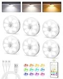 EZVALO 6-Pack Under Cabinet Lighting, Rechargeable Motion Sensor Puck Lights with Remote, 3 Color Temps &12 RG Colors, Magnetic Stick on Light, Dimmable Under Counter Lights for Kitchen, Shelf, Stair
