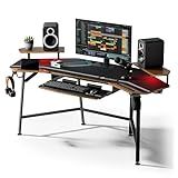 EUREKA ERGONOMIC 72" Gaming Desk W Keyboard Tray, Wing-Shaped Music Studio Desk, Large Computer Table W LED Convertible Monitor Stand Dual Headphone Hanger for Recording Live Streamer, Walnut Wood