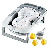 Collapsible Bathtub Baby for Infants & Newborns w/Thermometer, Drain Plug with Heat Sensor & Scoop – Compact Travel Baby Bath Space-Saving Bath for Travel, Shower & Small Bathrooms