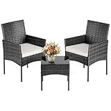 DUMOS 3-Piece Patio Furniture Set, All-Weather Outdoor Wicker Chairs with Removable Cushions & Tempered Glass Table, Small Bistro Set for Porch, Balcony, Lawn, Backyard, Black