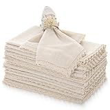 FINGERCRAFT Lace Cloth Napkins, Cotton Linen, 12 Pack, 20x20 Inch, Ivory