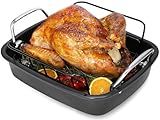 AOTASO Nonstick Roasting Pan with Rack, Turkey Roasting Pan for Oven, Large Roaster Pan with Handle for Chicken, 17 X 13 Inch, Carbon Steel, Dark Grey