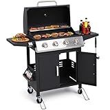 HUGROVE 4-Burner Propane Gas BBQ Grill, Upgraded 40,000 BTU Stainless Steel Barbecue Grill with Foldable Side Tables, Spice Rack & Wheels for Outdoor Cooking
