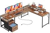 PRAISUN 63 Inch L Shaped Desk with Power Outlets and USB-C Port, Computer Corner Home Office Desk with File Fabric Drawers and Movable Monitor Stand, Larger Storage, Gaming, Writing, Rustic Brown