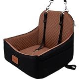 S1 Dog Car Booster Seat with 2 Safety Leashes, for Small Medium Dogs 0-28lbs, Pet Travel Safety Bed with Storage Pockets, Fully Detachable and Easy to Install (Black Outside, Brown Inside)