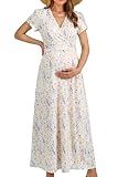 OUGES Maternity Maxi Dress Wrap V Neck Baby Shower Pregnancy Dresses for Photoshoot Summer Maternity Clothes 2026(White Purple Flower,L)