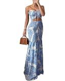 CHICME Floral Vacation Dress Halter Tie Ruched Women Maxi Dress-Blue-Medium