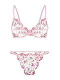 Lilosy Sexy Floral Embroidered Mesh Sheer Underwire Push Up Lingerie Set Women See Through Bra and Panty 2 Piece Sun Flower Pink Medium
