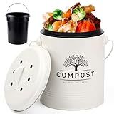 Perfnique Kitchen Compost Bin, 1.3 Gallon Countertop Compost Bin with Lid, Indoor Compost Bucket Includes Inner Bucket Liner and Carbon Filter, Small Compost Bin (Without Bags, Cream)