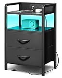 Lazzanto Night Stand Bedside Charger Bedroom - Nightstand with Charging Station & LED Light Strip, Night Stand with Storage Shelf & 2 Fabric Drawers, Morden End Table with U-S-B Ports & AC Outlets