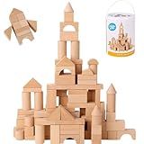 Pidoko Kids Wooden Blocks - 100 Pcs - Building Blocks for Toddlers - Includes Storage Container with Shape Sorter Lid - Natural Beech Wood Blocks - Preschool Learning Toys Stacking Block