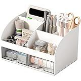 COMFYROOM Desk Organizer with 6 Compartments and 2 Drawers, Plastic Makeup Organizer, Pen Holder for Desktop Storage, Desk Organization for School, Home, Office Supplies (White)