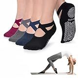 Ozaiic Non Slip Socks for Yoga Pilates Barre Fitness Hospital Socks for Women (4 Pairs - Black/Navy/D.gray/Burgundy)