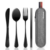 Travel Utensils with Case, Quatish Portable Silverware Set for Work, Stainless Steel Reusable Travel Cutlery Set, Fork and Spoon Set for Camping, Picnic, Gadgets, Lunch Box for Men, Black