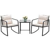Devoko 3 Piece Rocking Bistro Set Wicker Patio Outdoor Furniture Porch Chairs Conversation Sets with Glass Coffee Table (Beige)