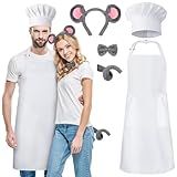 XLSXEXCL 5-Piece Ratatouille Couple Costume Set for Adults, Chef Mouse Costume Accessories with Adjustable White Apron, Hat, Bow Tie, Mouse Headband and Tail for Halloween Cosplay