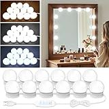 LED Vanity Mirror Lights with 12 Stick On Dimmable Bulbs, 3000K 4500K 6500K & 10 Brightness Levels Adjustable, Plug in USB Cable, Hollywood Style Mirror Lights for Makeup Desk Bathroom Dressing Room