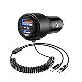 BUNUD Car Charger USB C: 66W Fast Charging Cigarette Lighter Adapter PD&QC3.0 Dual Port with 5ft Retractable Cable for iPhone 16/15/Galaxy S24/S23 - Ideal for Drivers/Truckers/Family Travel