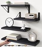 BAYKA Rustic Wood Floating Wall Shelves, Wall Mount Storage Organizer for Bedroom, Living Room, Kitchen, Bathroom & Office (Black, 16in, Set of 4)