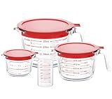 KOMUEE 4 Piece Glass Measuring Cups Set, 5 Oz, 1-Cup, 2-Cup, 4-Cup Liquid Measuring Cups with Lids for Kitchen, Freezer and Microwave Safe