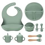 JELLDJK Silicone Baby Feeding Set 9 Pcs, Spill-Proof Suction Plate, Bowl, Bib, Silicone spoon&forks, Wooden Spoons&forks, Training cup with straw and Sippy Cup, Baby Eating Utensils (Green)