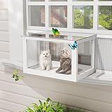 TOBYUL Cat Window Box Outdoor Cat Enclosure Window Catio Perch with Bug Proof Wire Mesh Window Catio Side Door Transparent Top for Indoor Cats Sunbathing, Napping, Overlooking, Playing (White)