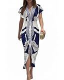 CHICME Summer Dresses for Women Floral Print Plunge V Neck Midi Dress Casual Ruched Slit Bodycon Party Dress Blue-M