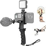 2in1 Ergonomic Portable Action Camera+Smartphone SYN Hand Grip Stabilizer Combo Mount Video Vlogging Rig Holder Kit for GoPro iPhone Interview Travel YouTube Tiktok Streaming-Mic+Light Adapter