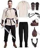 8 Pcs Men's Renaissance Costume Halloween Medieval Pirate Shirt Pant Viking Costume Accessories Set (Classic Color, Large)